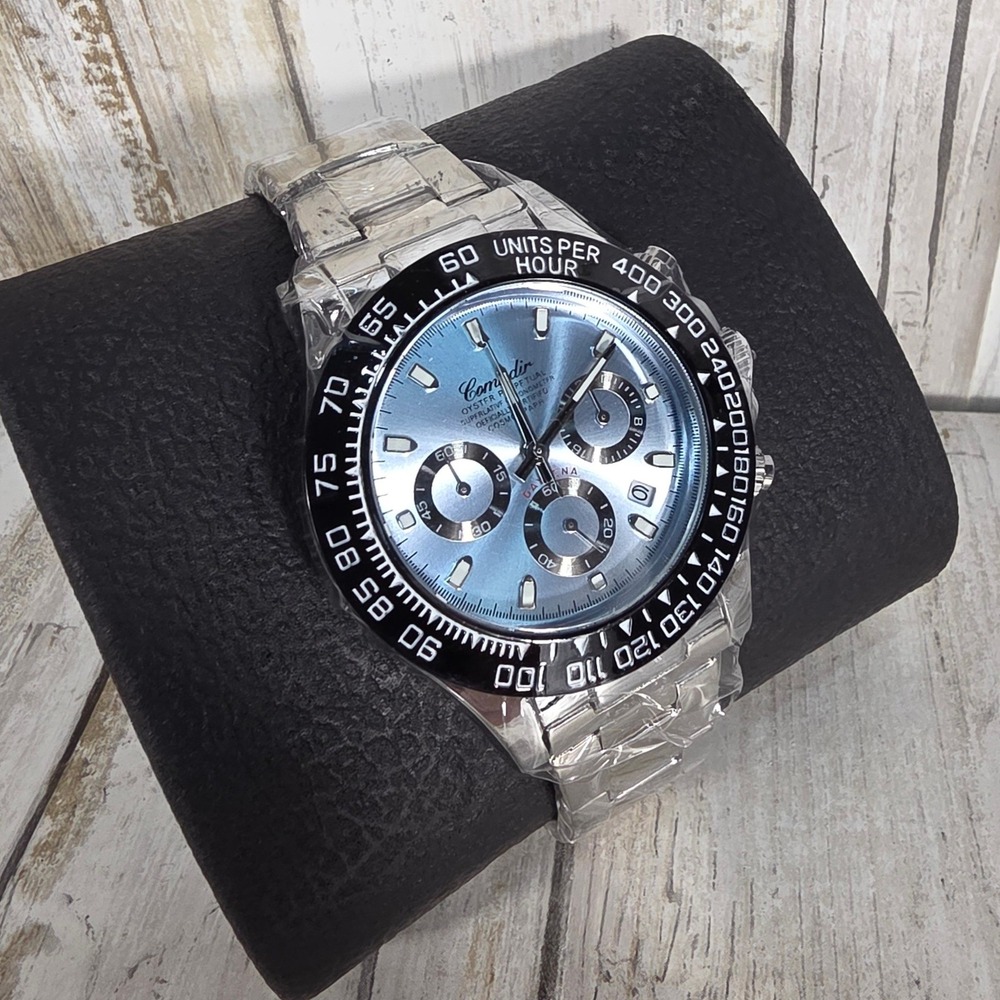 Comodir Mens Chronograph Watch Ice Blue Dial Stainless Steel Black Bezel New